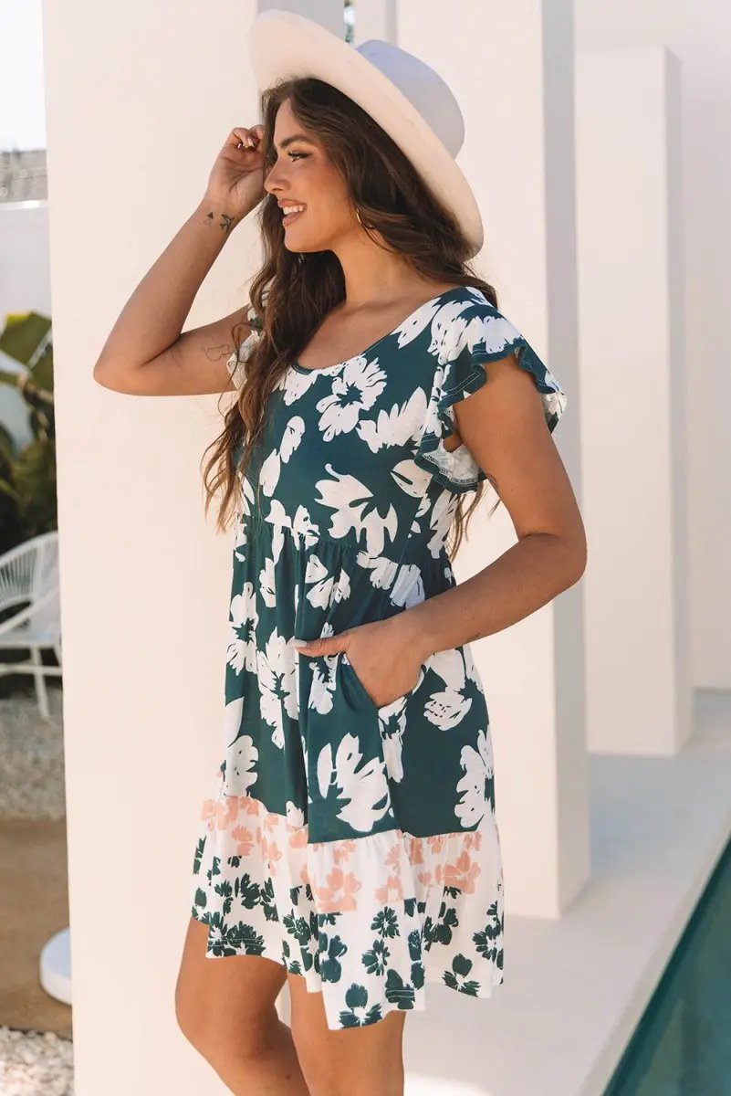 Floral Print Ruffle Sleeve Empire Waist Mini Dress for Women - Love Salve